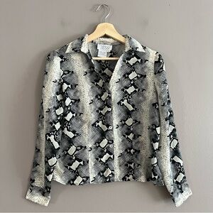 Vtg Tess  100% Silk Button Down Blouse Shirt Black Beige Snakeskin Print Sz 6